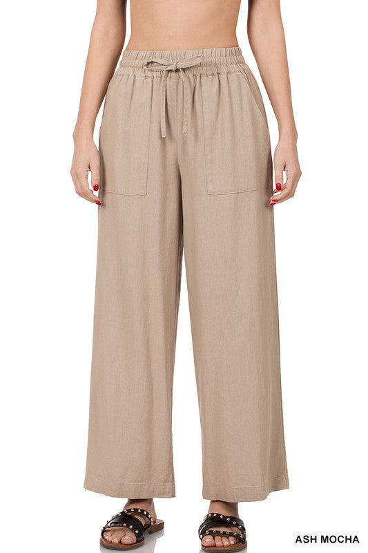 Linen Drawstring-Waist Pants with Pockets