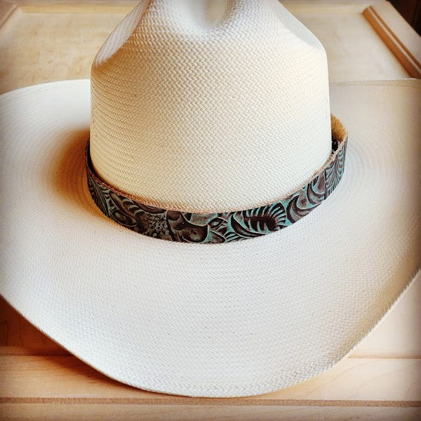 Brown Turquoise Floral Embossed Leather Hat Band