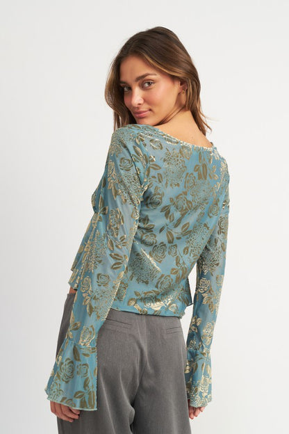 SHIRRRING TIE TOP WITH LONG SLEEVE