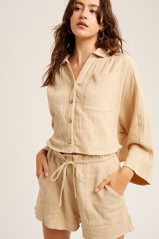 Textured Cotton Button Down Top And Pant Sets